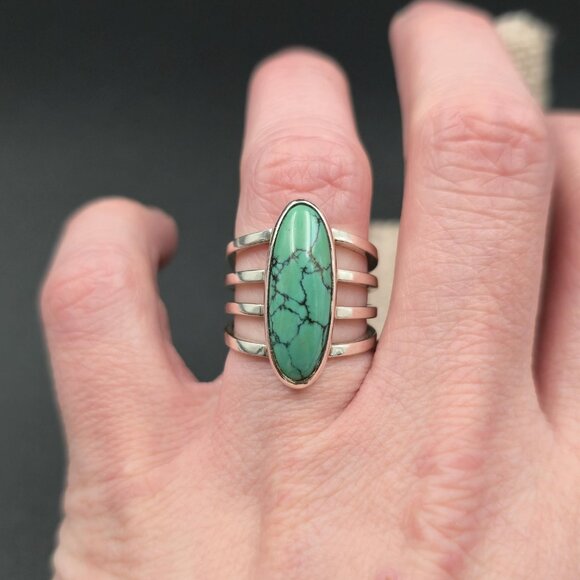 Size 6.5 Sterling Silver Green Spiderweb Turquoise Stone Ring A6601 - Picture 3 of 9